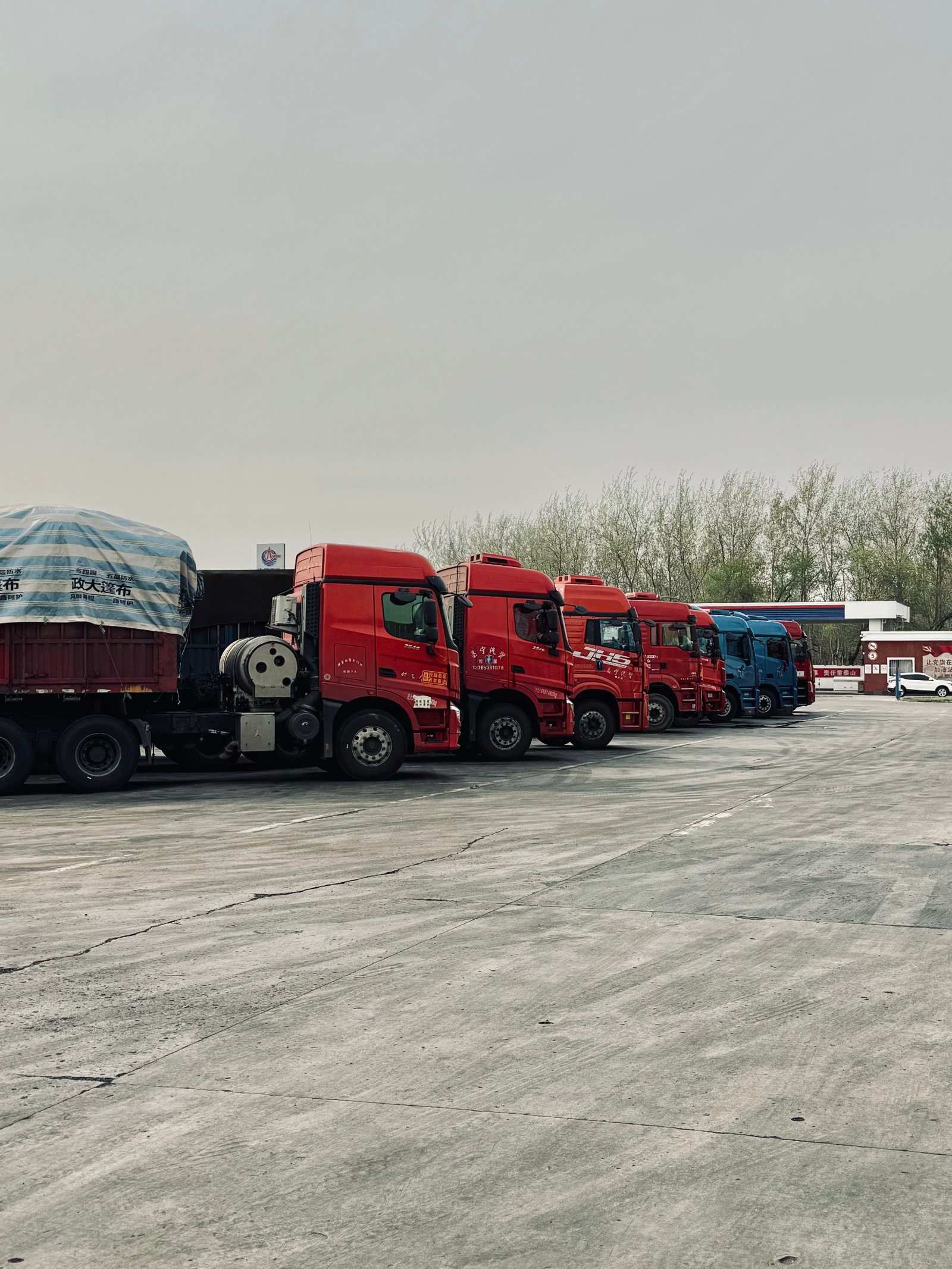 Semi truck pulling a tarped flatbed load on the highway
